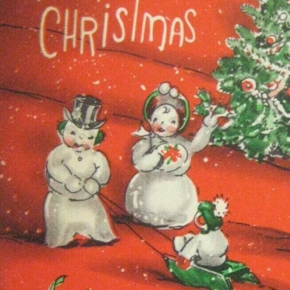 Merry Christmas Card 1949 Used USA Snowmen Snowwomen Sledding Trees USA - Picture 2 of 4